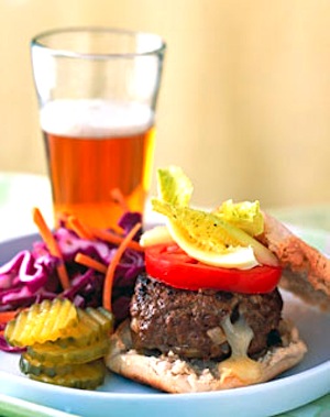 Cheddar-Stuffed Buffalo Burgers and Red Cabbage Slaw