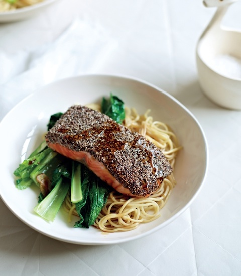 Chia-Crusted Salmon with Asian Greens and Tamari Dressing