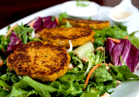 Chickpea and Butternut Squash Fritters with Field Greens and Yogurt Dill Sauce