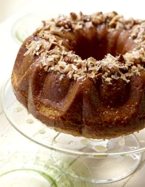 Coconut Pecan Bourbon Cake with Bourbon Glaze (using cake mix)