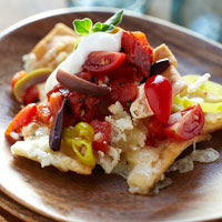 Greek-Style Nachos with Roasted Red Pepper Salsa