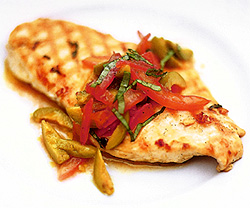 Grilled Chicken with Tomato, Basil and Olive Sauce