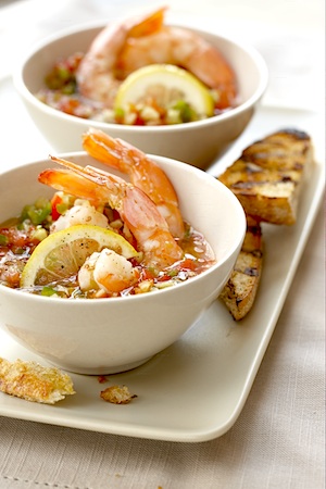 Lemon Poached Shrimp with Spicy Gazpacho