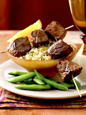Moroccan-Style Beef Kabobs with Spiced Bulgur