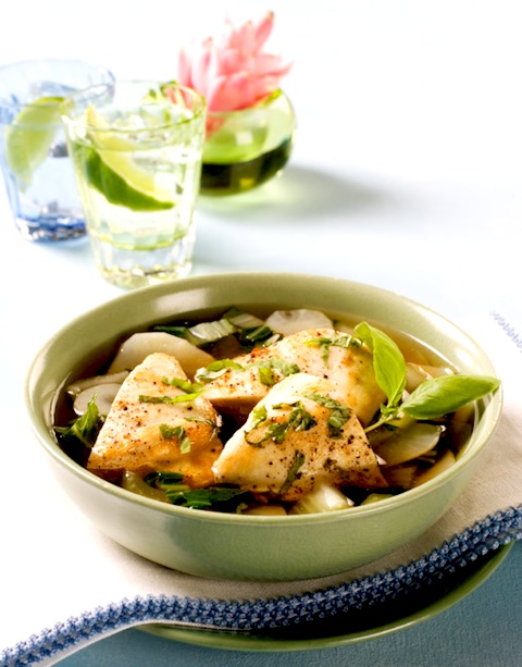 Pan Seared Chicken Breasts with Carrot-Ginger Broth