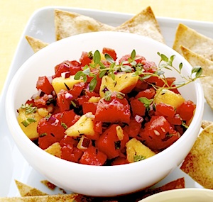 Peach and Watermelon Salsa with Cinnamon Tortilla Chips