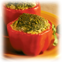 Stuffed Red Peppers with Mozzarella, Provolone, Italian Sausage and Orzo