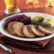Currant-Glazed Pork Tenderloin with Red Cabbage and Thyme Dumplings