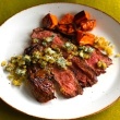 Grilled Flank Steak with Blue Cheese Crumb Topping and Maple-Glazed Sweet Potatoes