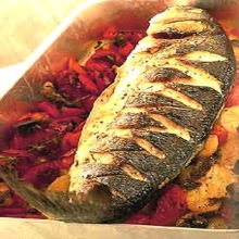 Baked Sea Bass with Peppers, Tomatoes and Potatoes