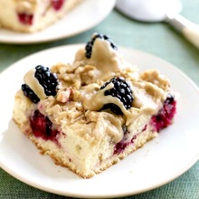 Brown Sugar-Buttermilk Snack Cake with Blackberries and Caramel-Walnut Drizzle