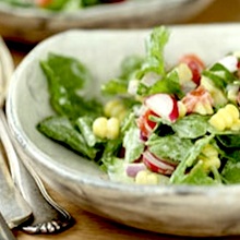 Radish Leaf Salad with Corn, Tomatoes and Cucumbers