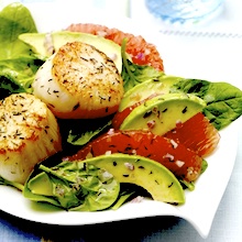 Thyme Seared Scallops with Red Grapefruit-Avocado Salad